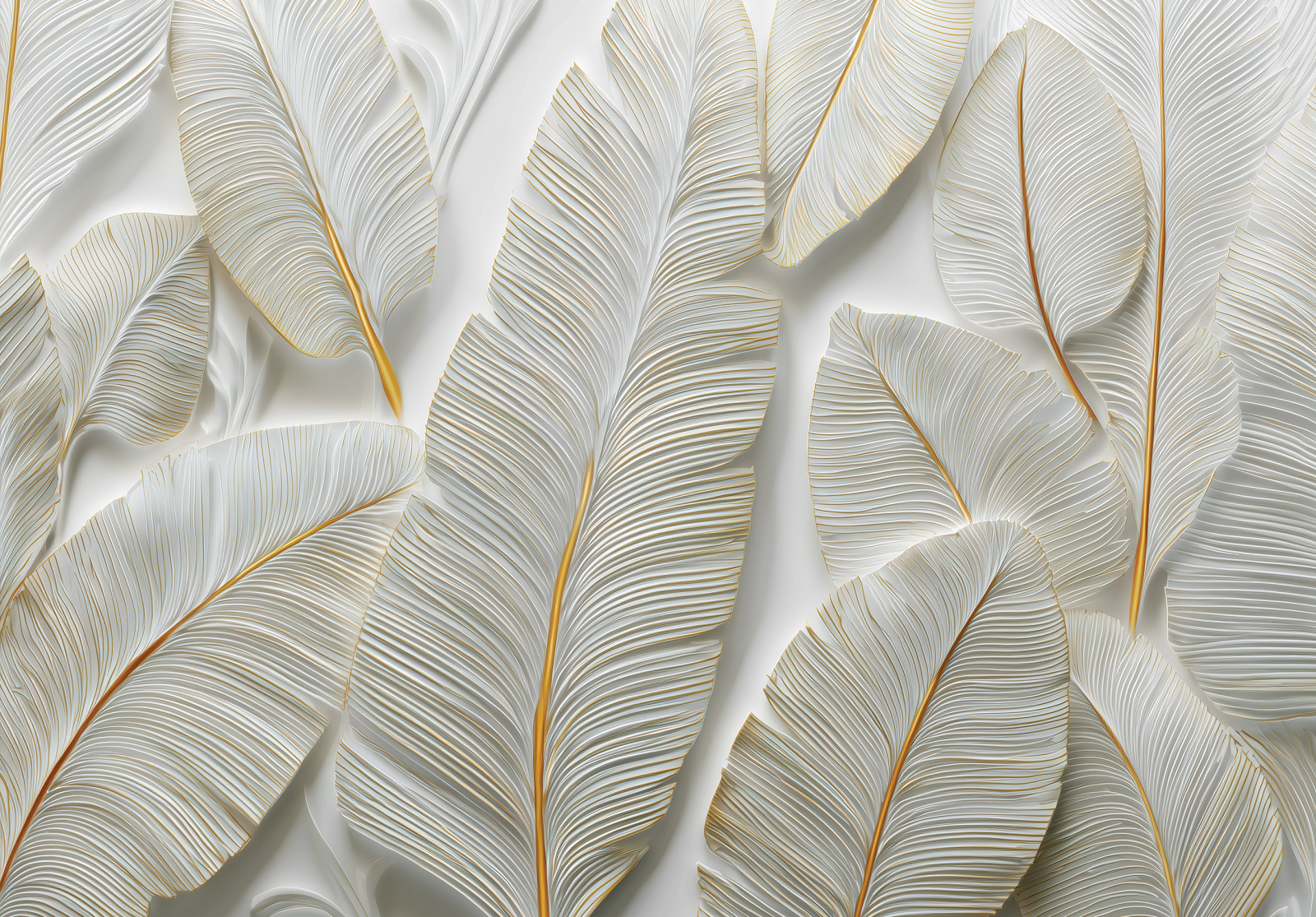 Фототапет Бели релефни пера със златни линии